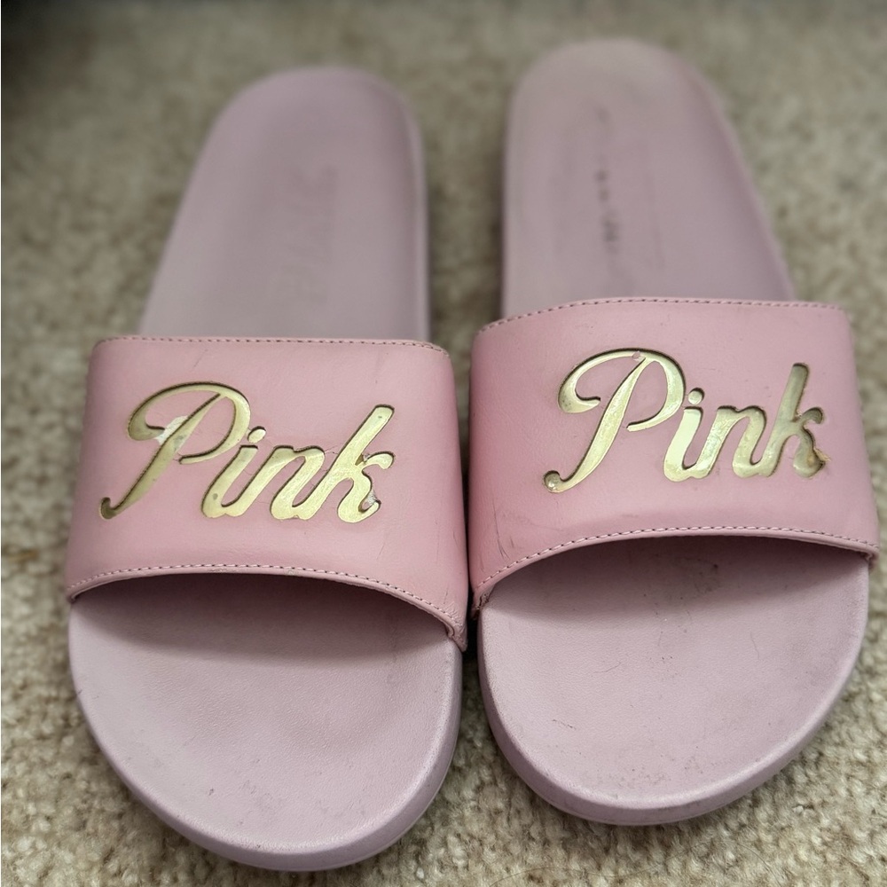 PINK Victoria's Secret Pale Pink Slide Sandals with Gold Script